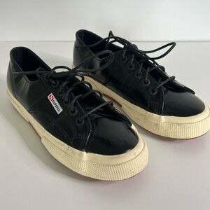 Patent Leather Superga Black Lace-Up Sneakers with Cream Trim Size 38
